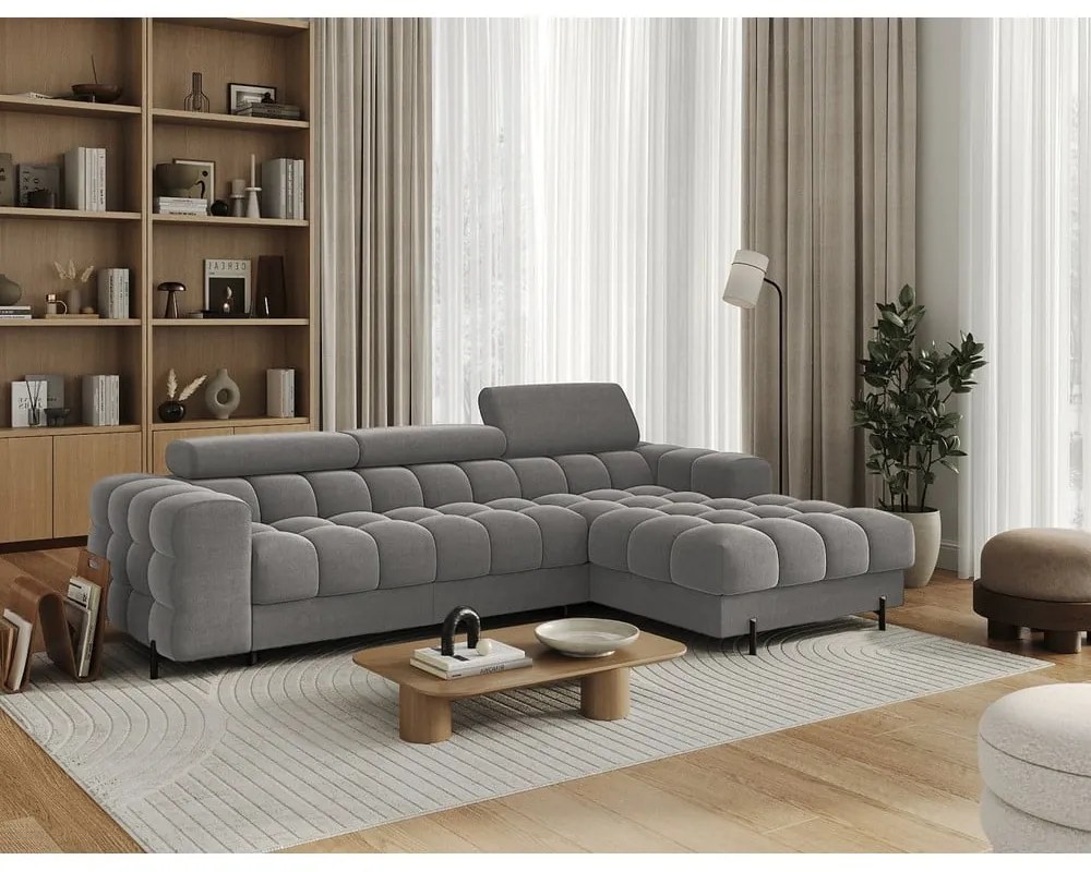 Szürkésbarna bársony kinyitható-tárolóhelyes sarokkanapé (jobb oldali-heverő résszel) Felro – ELTAP