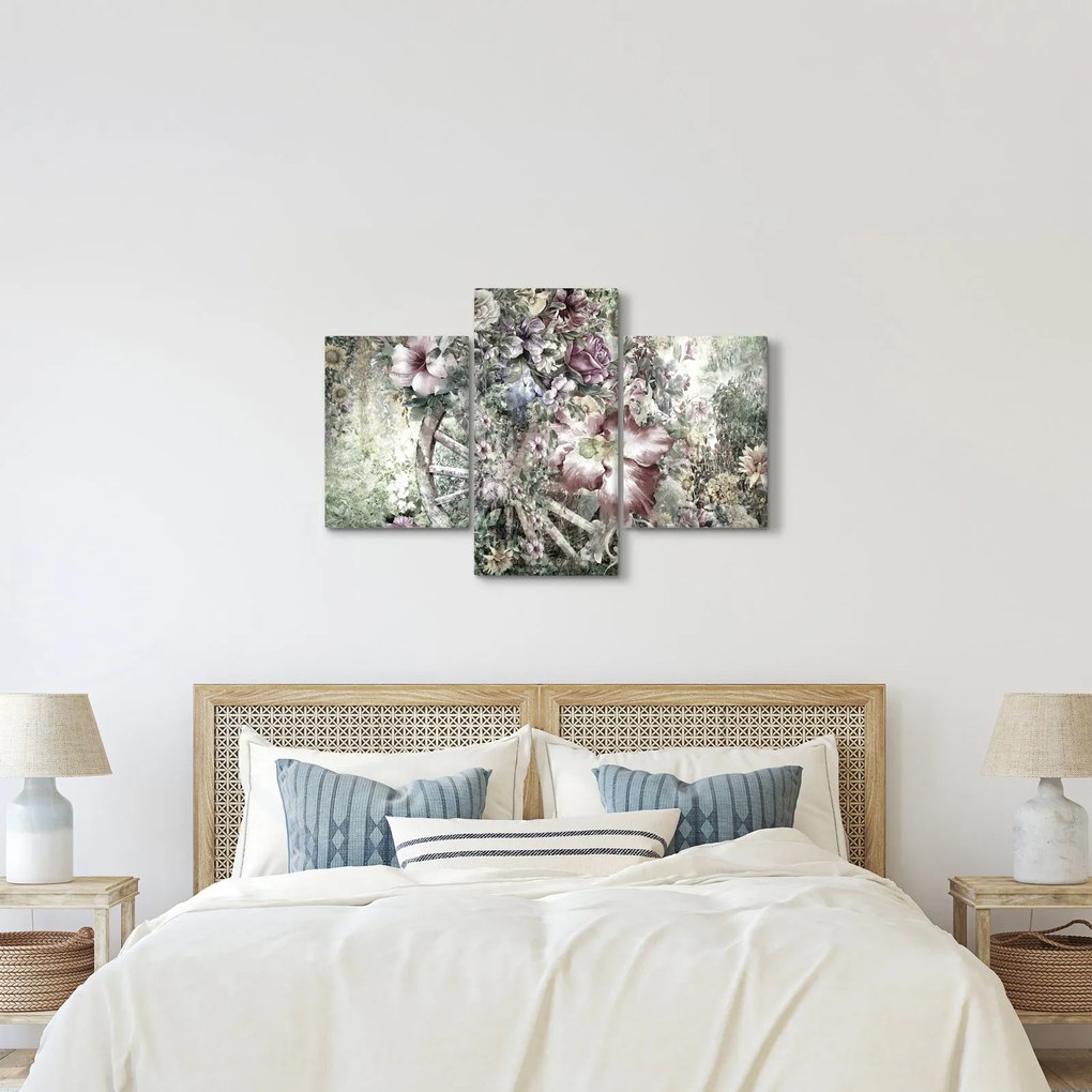 Virágok képe egy fából készült kerékpáron (90x60 cm)
