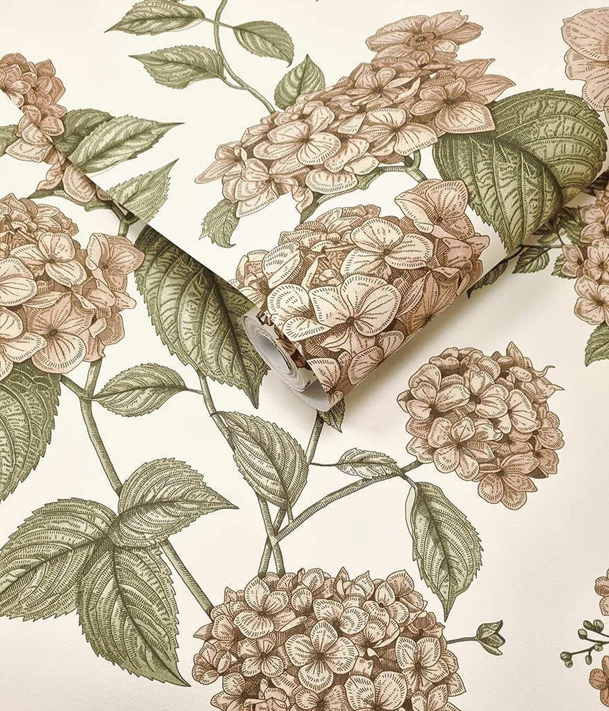Holden Decor Wanderlust Hortensia korall-zöld virágos vlies tapéta – 92120
