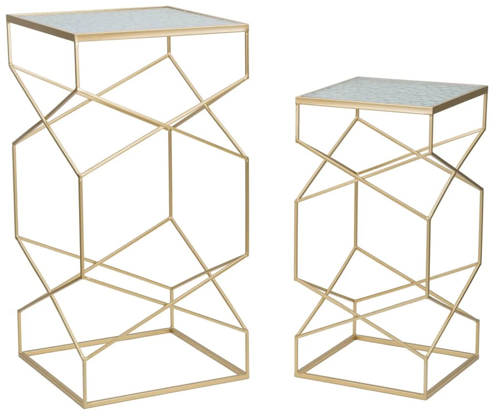 Arany színű négyzetes kisasztal szett geometrikus vázzal és üveglappal – 2 db
