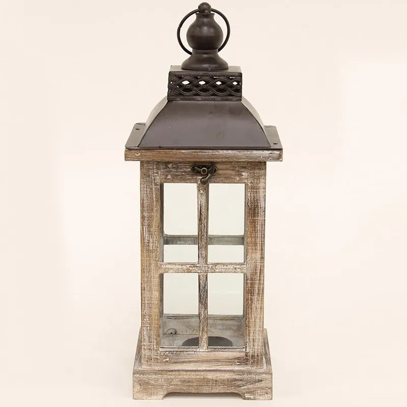 Fából készült fa keretes üvegezett fém fedelű lantern lámpás akasztóval 45x15,5x15,5cm