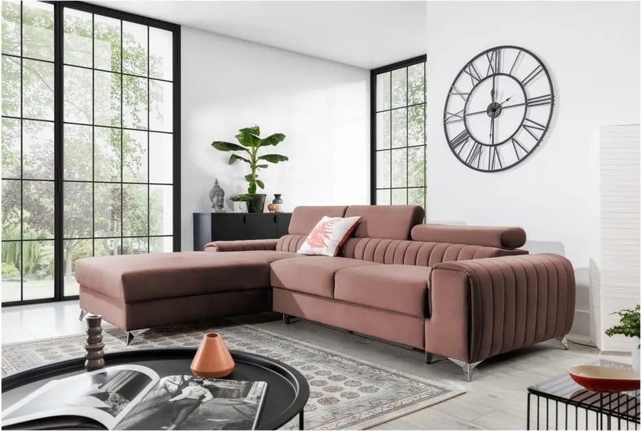 Rózsaszín bársony kinyitható-tárolóhelyes sarokkanapé (bal oldali-heverő résszel) Grayson – ELTAP