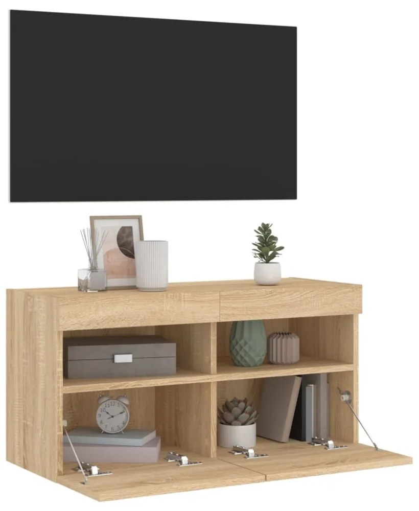 sonoma tölgy színű fali TV-szekrény LED-ekkel 80x30x40 cm