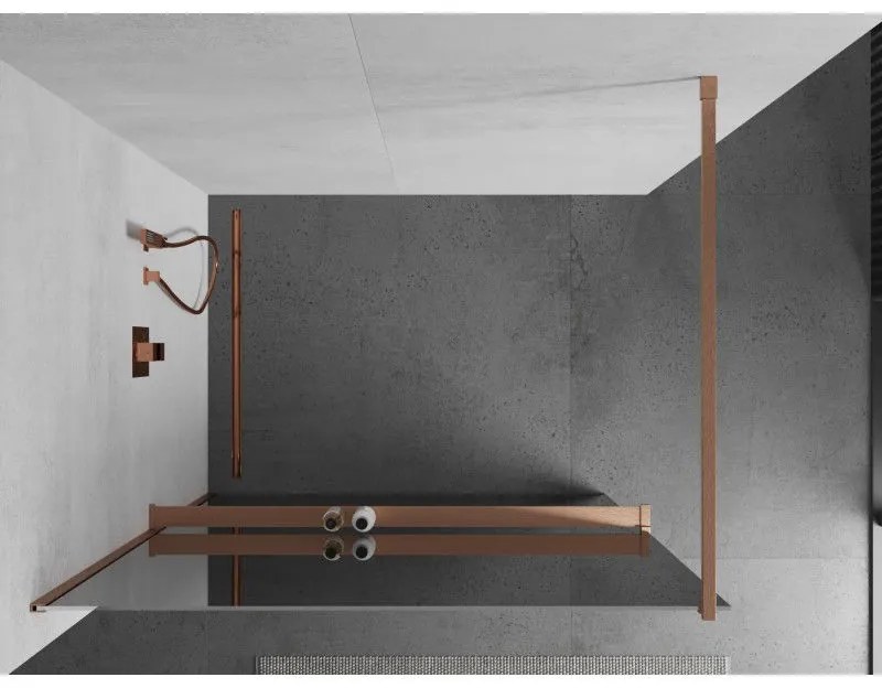 Mexen Kioto+, Walk-In zuhanyparaván polccal és akasztóval 70 x 200 cm, 8 mm tükörmintás üveg, réz matt profil, 800-070-121-65-50