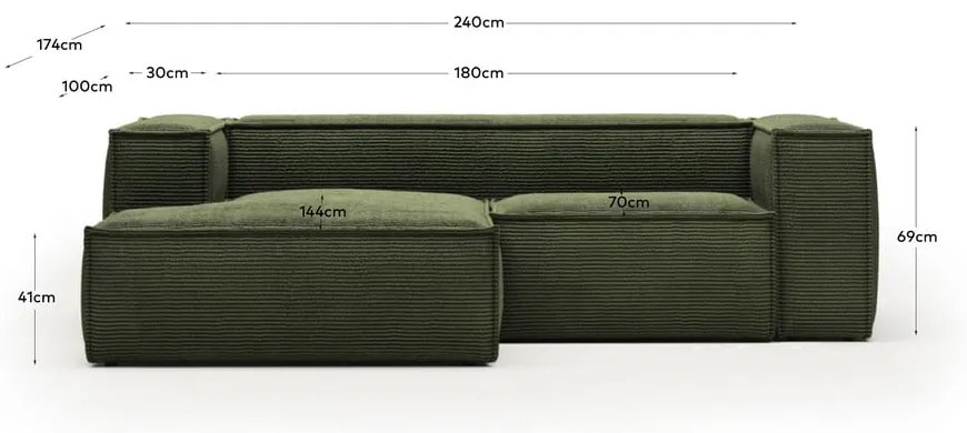 Zöld kordbársony sarokkanapé (jobb oldali) Blok – Kave Home