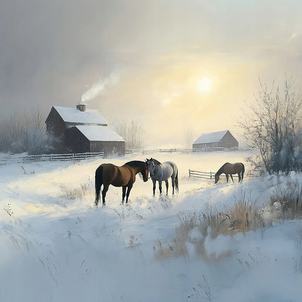 Vászonkép Canvas Tájkép Lengyelország Tél Hó Fagy Falu Ló Lovak 40x40