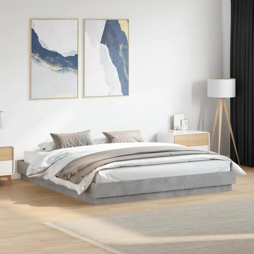 betonszürke ágykeret LED-világítással 200x200 cm