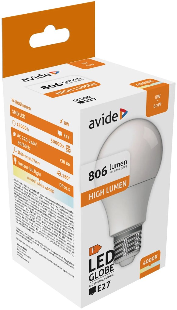 Avide LED Globe A60 8W 806LM E27 NW 4000K