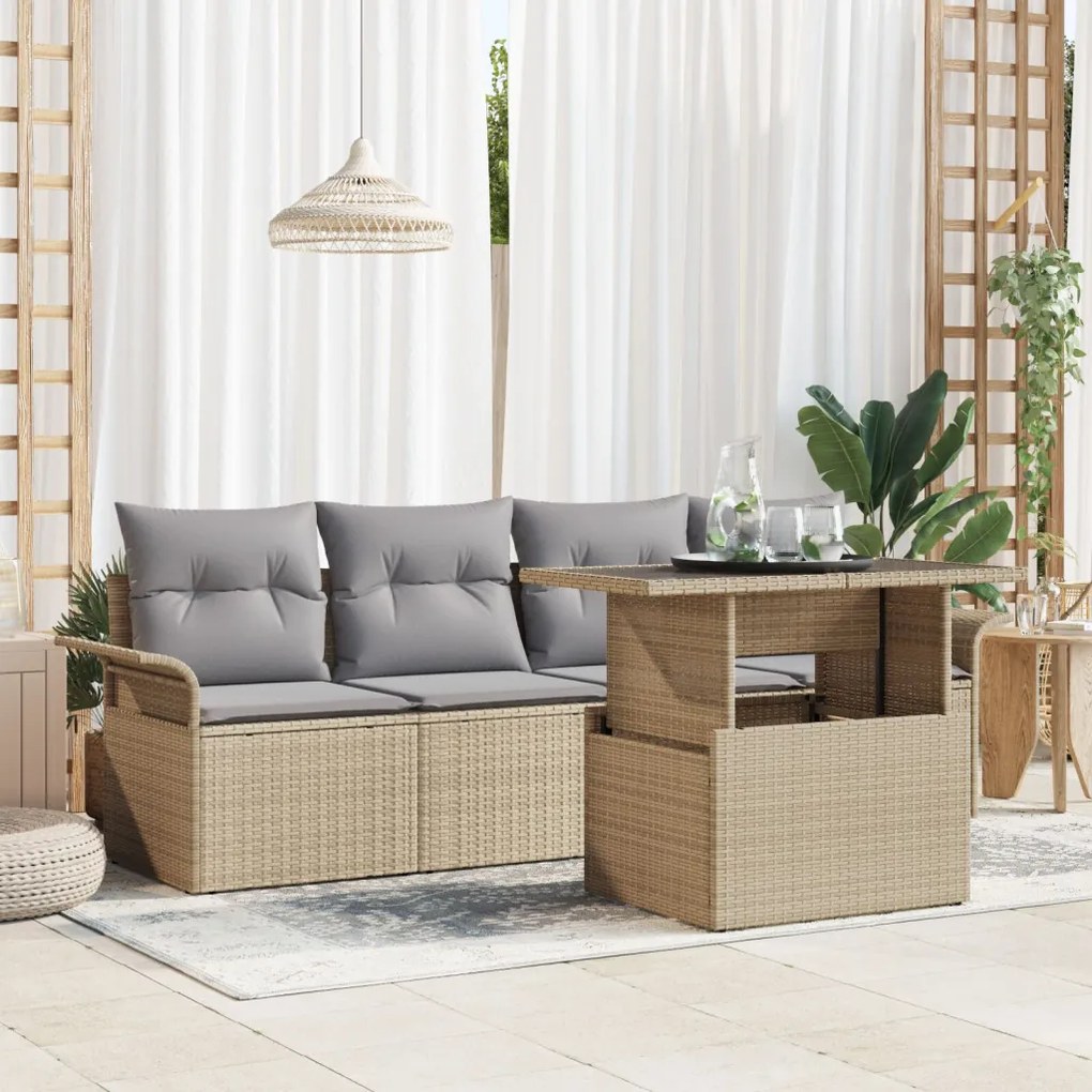 5 Darabos Kert Sofa Szett Párnákkal Bézs Poli Rattan