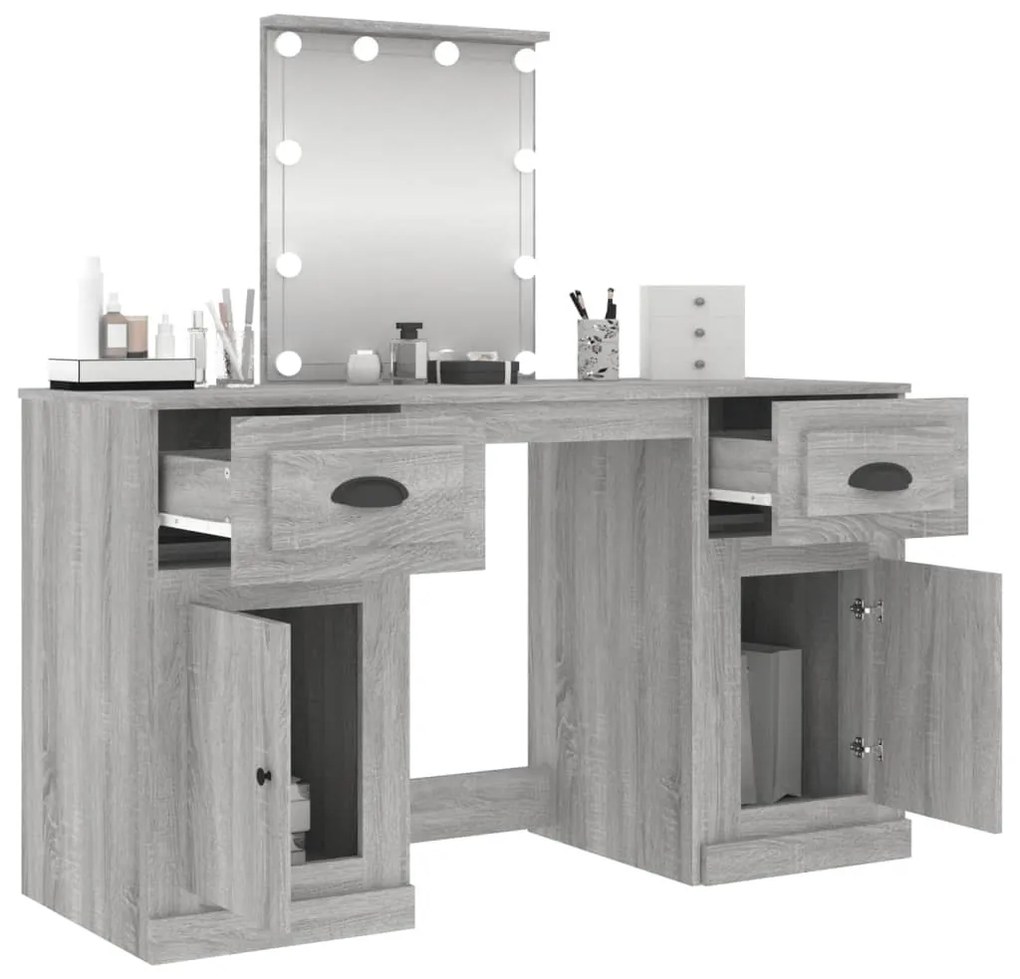szürke sonoma színű fésülködőasztal LED-del 130x50x132,5 cm
