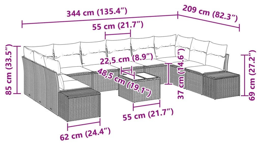 Kerti Kanapé Szett párnával 11 pcs Szürke polirattan