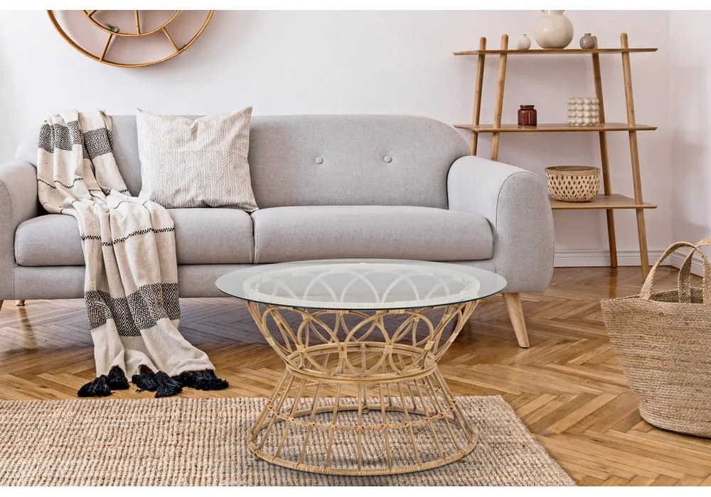 Natúr színű kerek dohányzóasztal üveg asztallappal ø 75 cm Panama – Mauro Ferretti