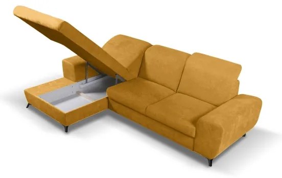 Kihúzható, balos L-alakú kárpitozott sarokkanapé tárolóhellyel ALTA, sárga