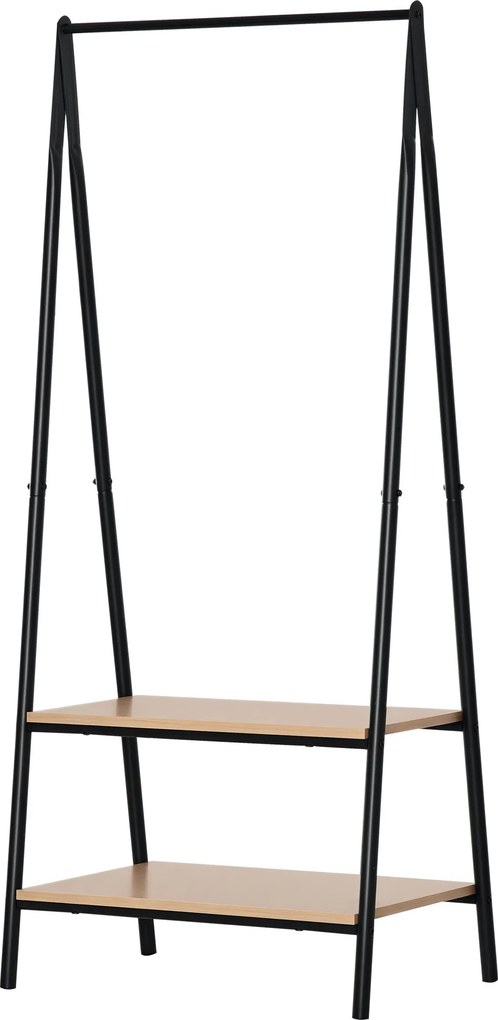 HOMCOM Kabátállvány Ruhatartó Cipőtartóval Mosókosár Fém + Fa Fekete + Natúr 64 x 42,5 x 149 cm | Aosom