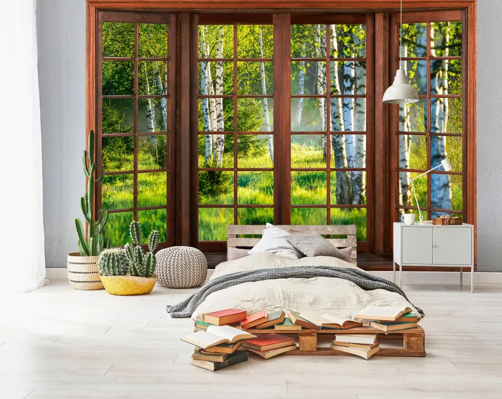 Ablakból kilátás erdőre poszter, fotótapéta, Vlies (200 x 140 cm)