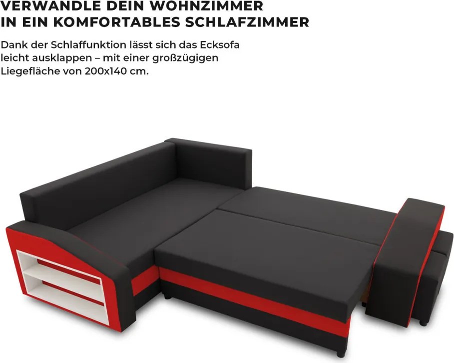 Grande sarokkanapé polcokkal és puffokkal , polc a bal karfaban puffok a jobb karfaban, baloldali, szövet anyag, hab töltet, fekete - piros