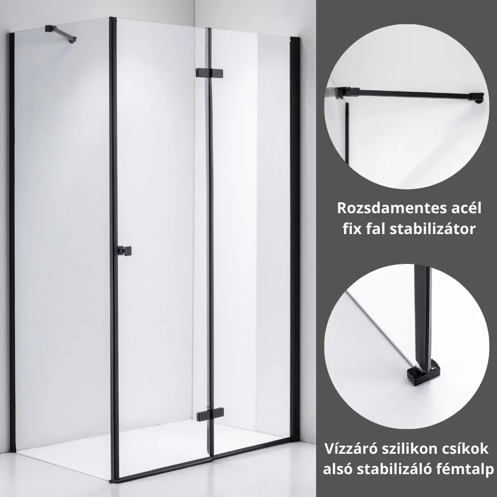 Stuxi Verona Black 80x70 aszimmetrikus csuklóajtós zuhanykabin 6 mm vízlepergető biztonsági üveggel, fekete