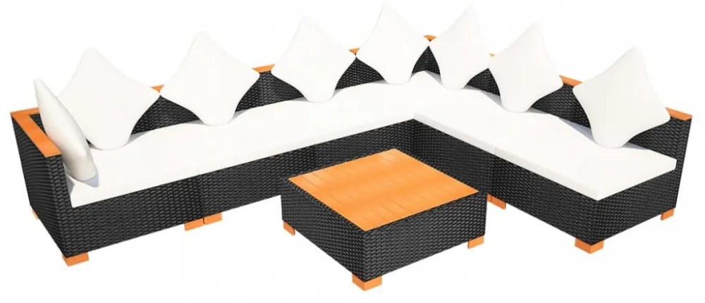 7-részes fekete polyrattan kerti bútorszett párnákkal