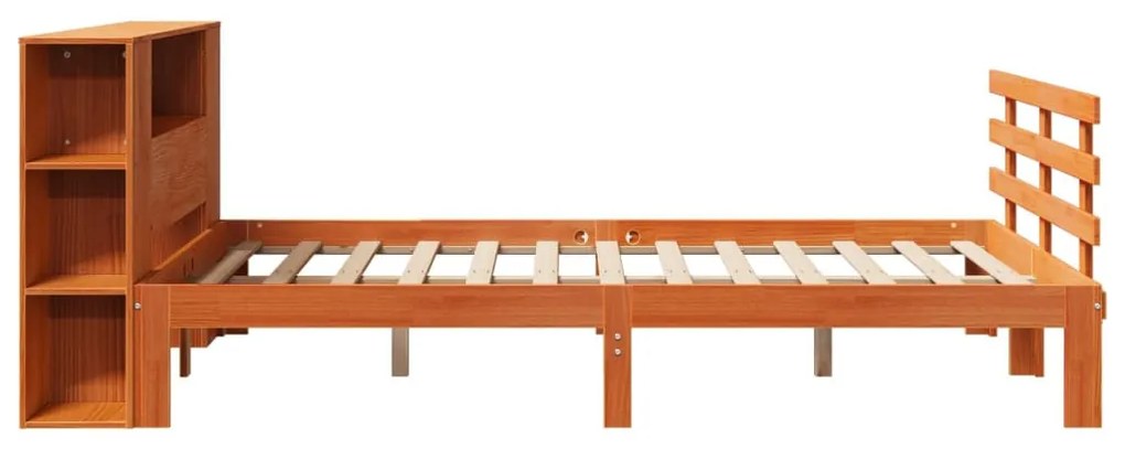 barna tömör fenyőfa könyvespolcos ágy matrac nélkül 140 x 200cm