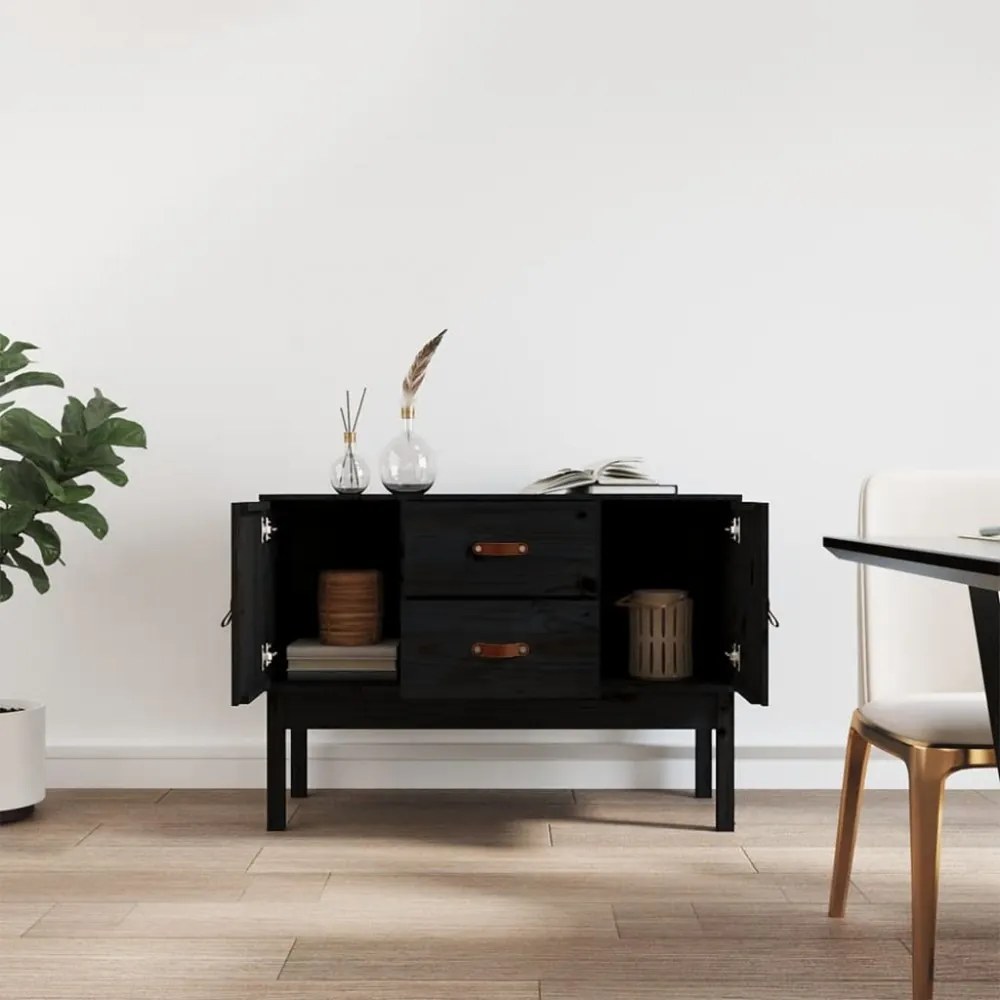 fekete tömör fenyőfa tálalószekrény 110 x 40 x 78 cm