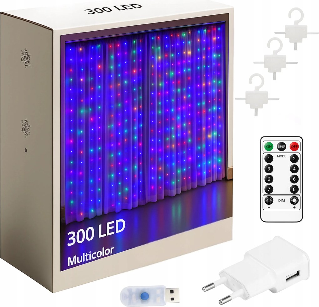 Fényfüggöny 300 Led Színes 3x3 Usb Karácsonyi Karácsonyfa Füzér Távirányító