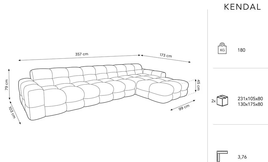 Sötétkék bársony sarokkanapé (jobb oldali) Kendal – Micadoni Home