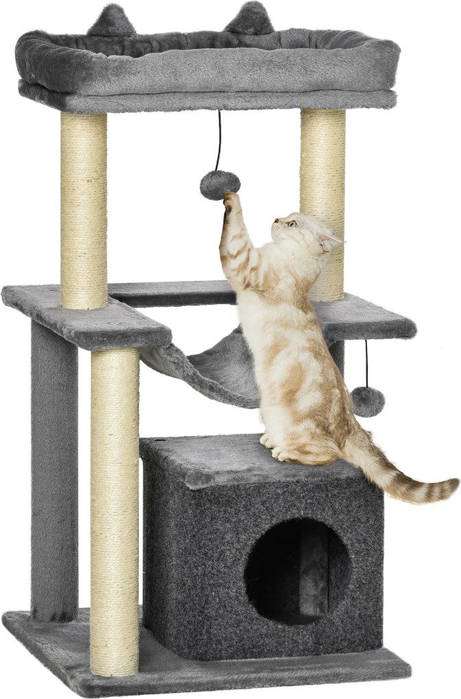 PawHut 90 cm Macskafa Kaparóposzttal és Függőággyal - Macska Csemege, Játékfa, Macskaodú, Mászófa, Tevékenységi Fának Szőrmés Szizál Szürke | Aosom