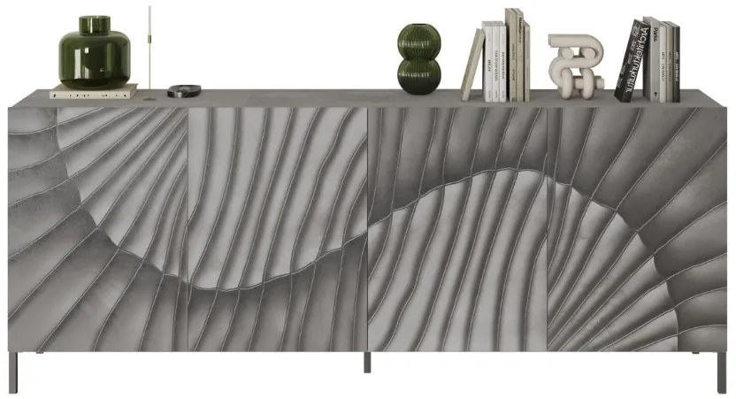 SNAKE négyajtós komód, betonhatású laminált testtel és szürke, díszített mintázatú előlapokkal