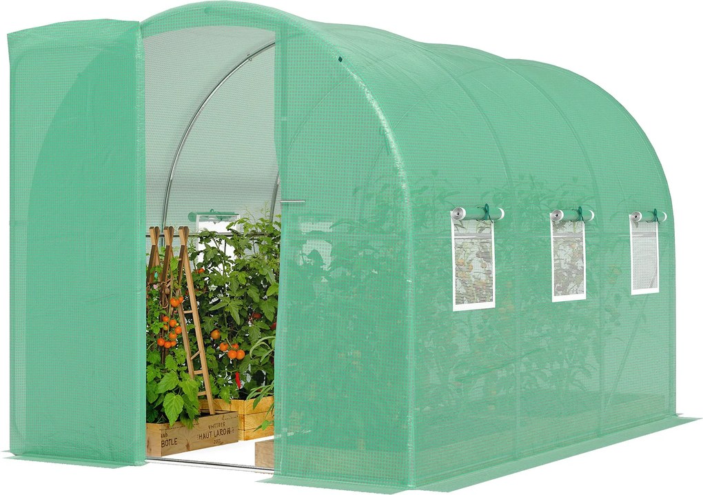Outsunny 2 x 3 m (200 x 300 x 200 cm) alagút üvegház — horganyzott acélváz, zsanéros ajtó és 8 feltekerhető szúnyoghálós ablak, 140 g/m² PE takaró, zö