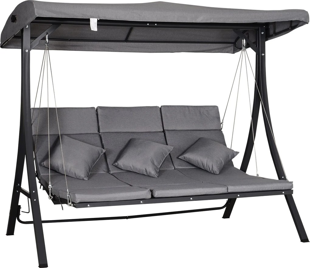 Outsunny 3-Fős Hollywoodi Hintaágy, Állítható Napernyővel, Párnákkal Ellátott Hinta, Maximum 270 kg Teherbírás, Fém, Textil, Szürke, 200 x 115 x 168 c