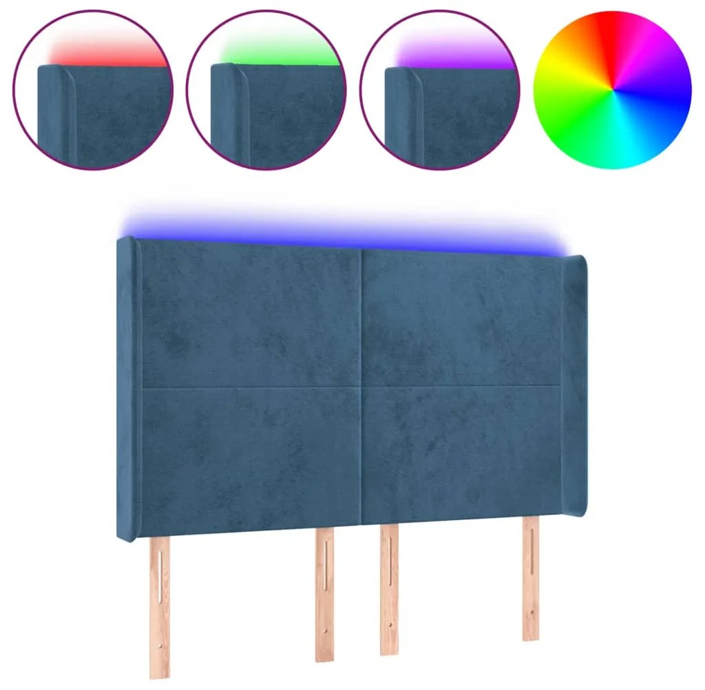sötétkék bársony LED-es fejtámla 147x16x118/128 cm