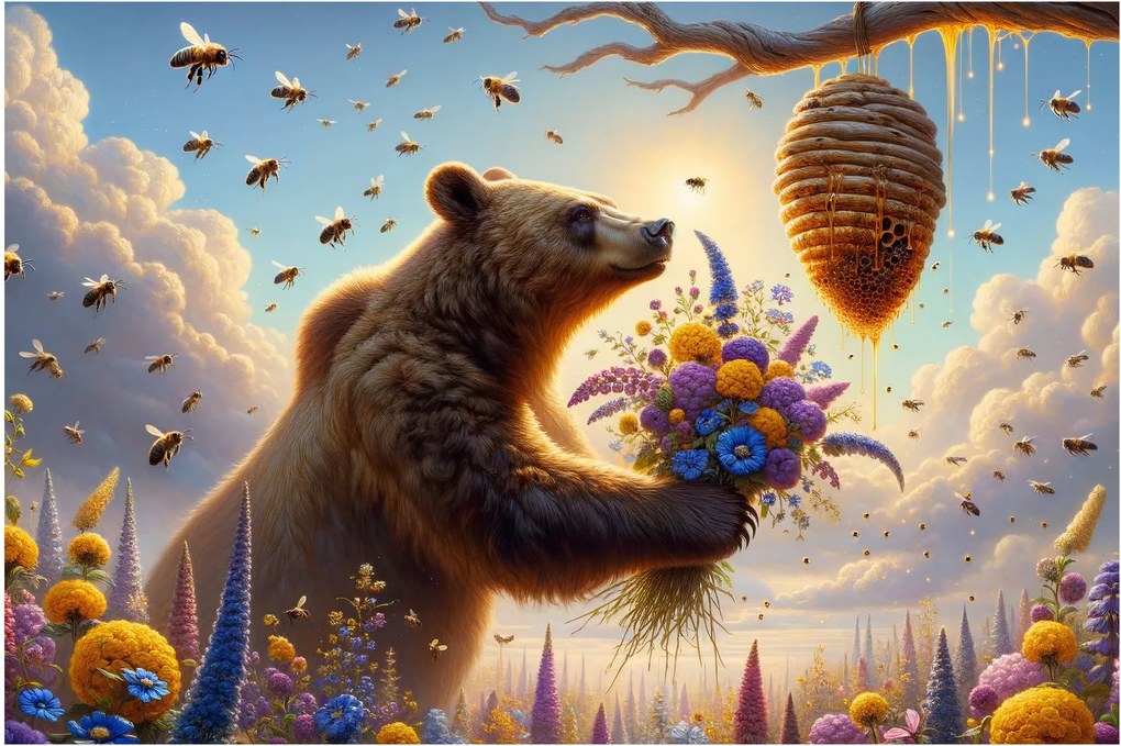 Kép - Medve és méhek (90x60 cm)