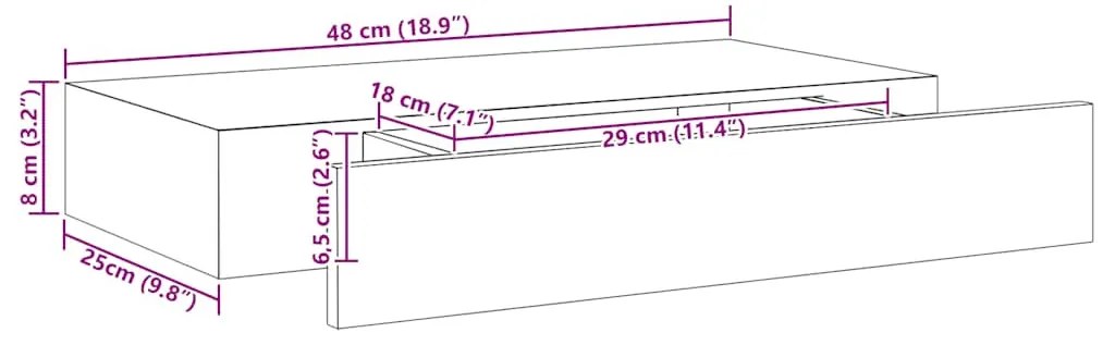 fekete lebegő fali polc fiókkal 48 x 25 x 8 cm