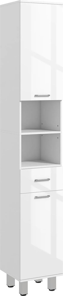 Kleankin Slim Fürdőszobaszekrény, Magas WC Szekrény Magas Fényű Fehér Fiókkal, Állítható Polccal és 2 Nyitott Rekesszel, Kis Terekhez 30 x 30 x 180 cm