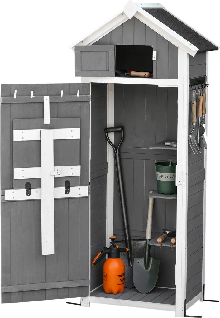 Outsunny Fa Kerti Szekrény, Időjárásálló Szerszámtároló 78x52.5x182cm, Kültéri Tároló Ház Ajtóval, Tetővel, Szerszámtároló Fém Akaszókkal, Összecsukha