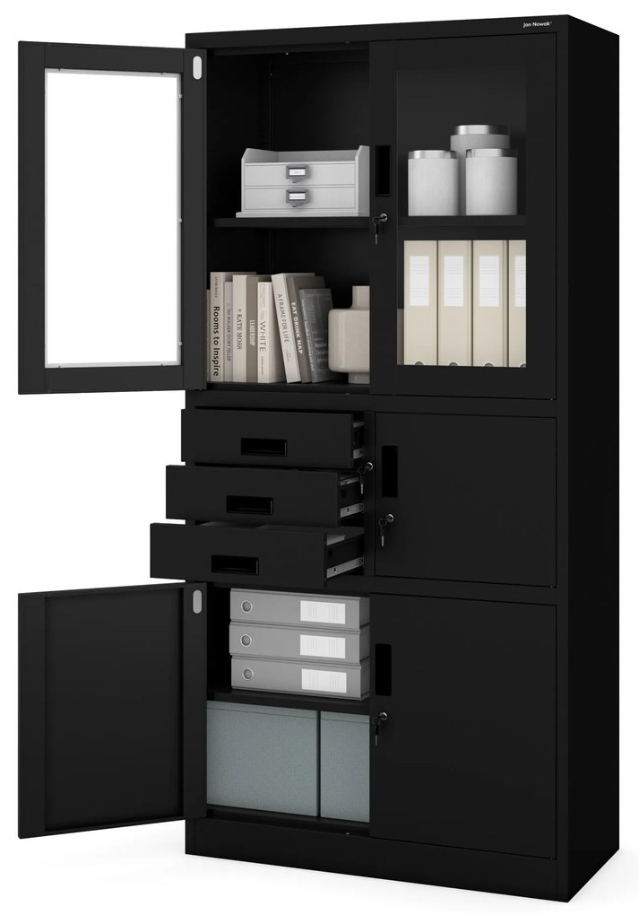 FILIP irodai fémszekrény irattartóval és iratszéffel, 900 x 1850 x 400 mm, fekete színben