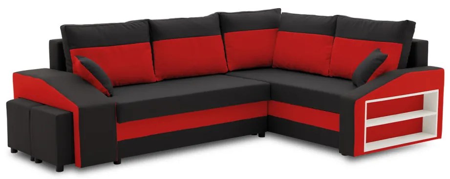 Grande sarokkanapé polcokkal és puffokkal , polc a jobb karfaban puffok a bal karfaban, jobboldali, szövet anyag, bonell töltet, fekete - piros