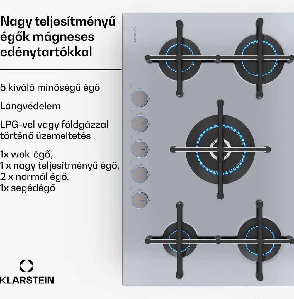 Klarstein Illuminosa 5 gázfőzőlap 5 égős Sabaf égővel, rozsdamentes acél