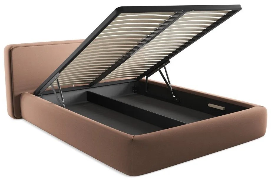 Világos rózsaszín kárpitozott ágyneműtartós franciaágy ágyráccsal 160x200 cm Kiana – Makamii