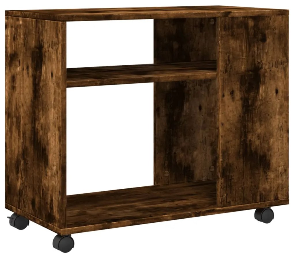 füstös tölgy színű szerelt fa kisasztal kerekekkel 70x35x60 cm
