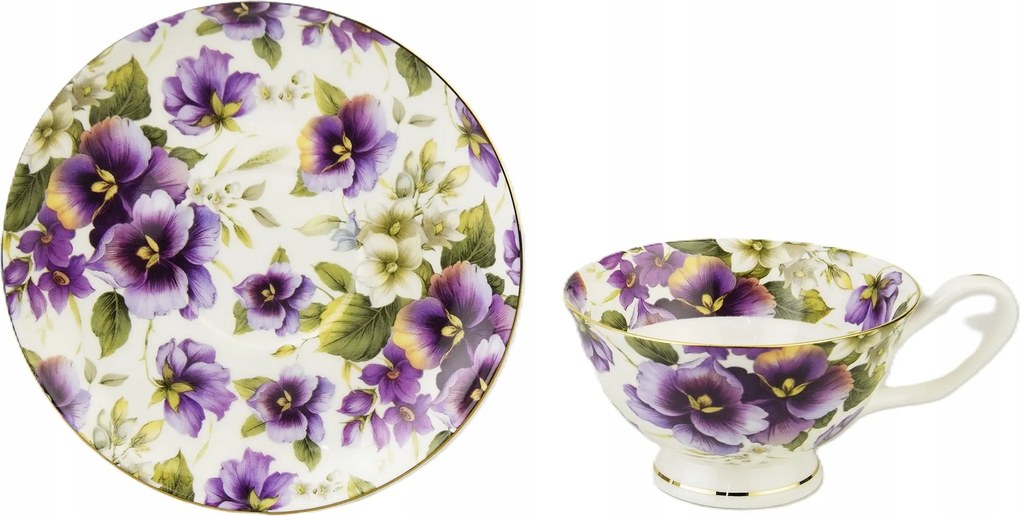 Csésze csészealjjal 180 ml árvácska virág lila elegáns ajándék