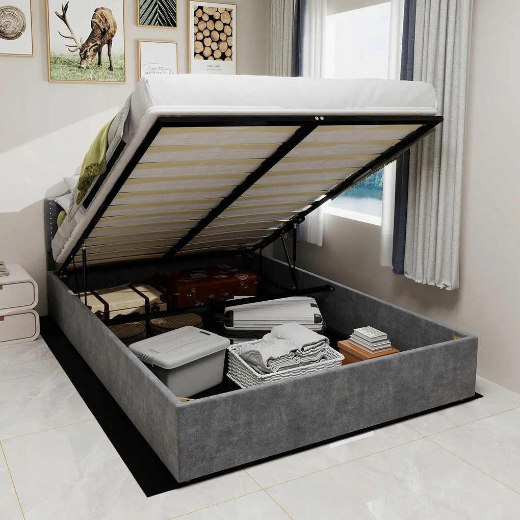 Kárpitozott ágy Franciaágy 140*200 cm Hidraulikus Szürke