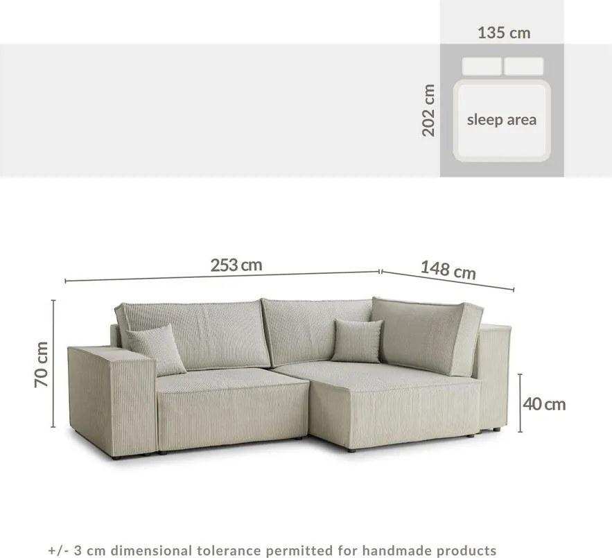 Lila kordbársony kinyitható-tárolóhelyes sarokkanapé (jobb oldali-L alakú) Tonga – Maison de Rêve