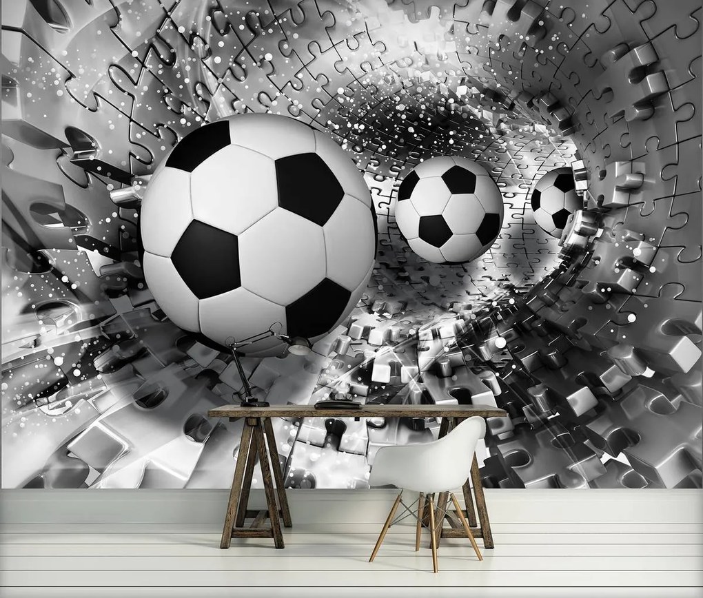 Fotótapéta - Futball-labdák egy 3D-s puzzle alagútban (152,5x104 cm)