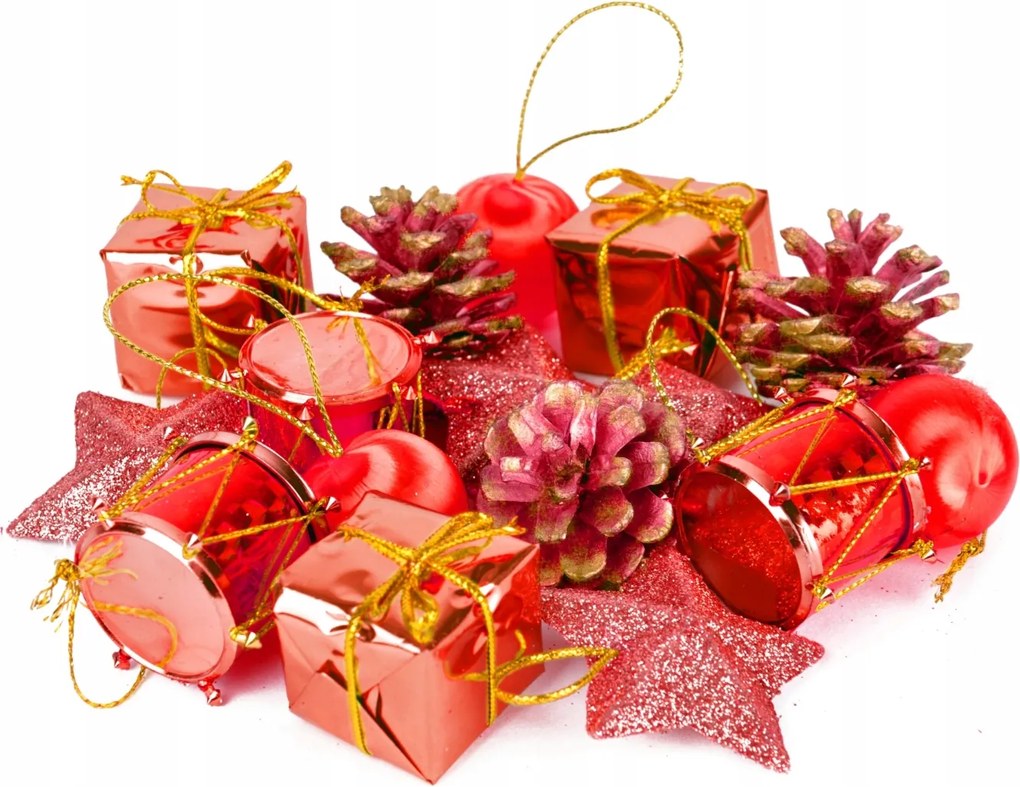 Karácsonyfadísz Piros 16DB Ajándék Csillag Toboz Karácsony