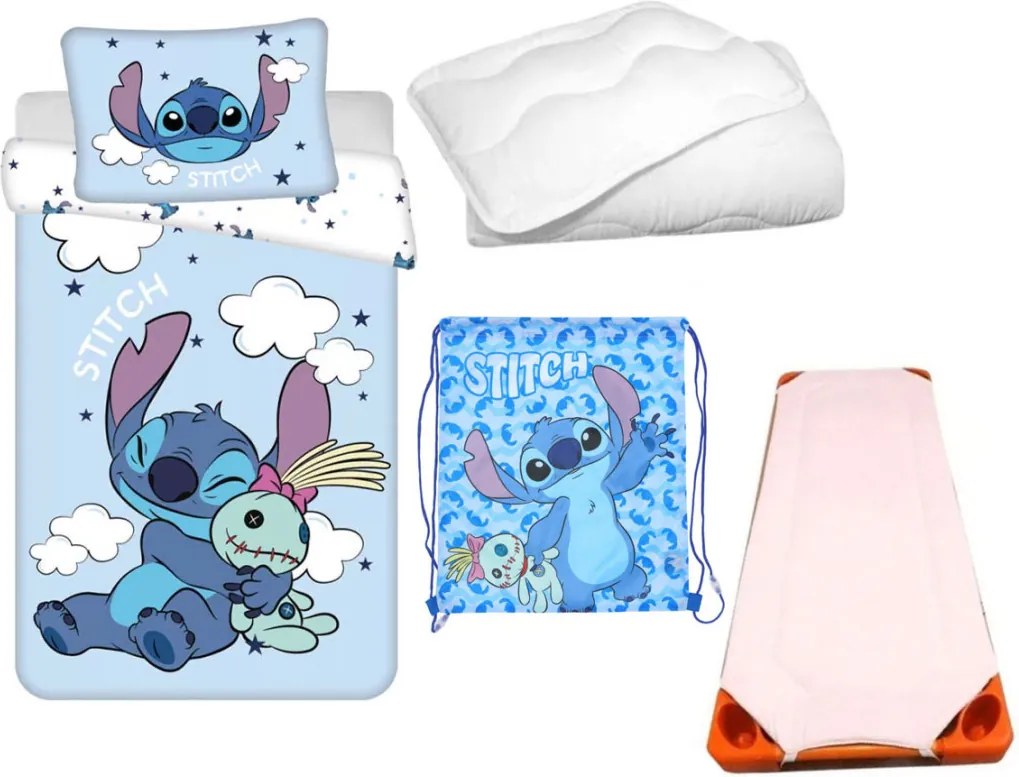 Disney Lilo és Stitch, A csillagkutya Clouds Scrump gyerek, ovis ágyneműhuzat, derékalj, tornazsák és paplan/párna szett 100x135 cm 40x60 cm