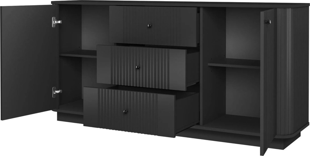 Vesper komód 160 cm fiókokkal lábazaton - fekete / fekete fogantyúk