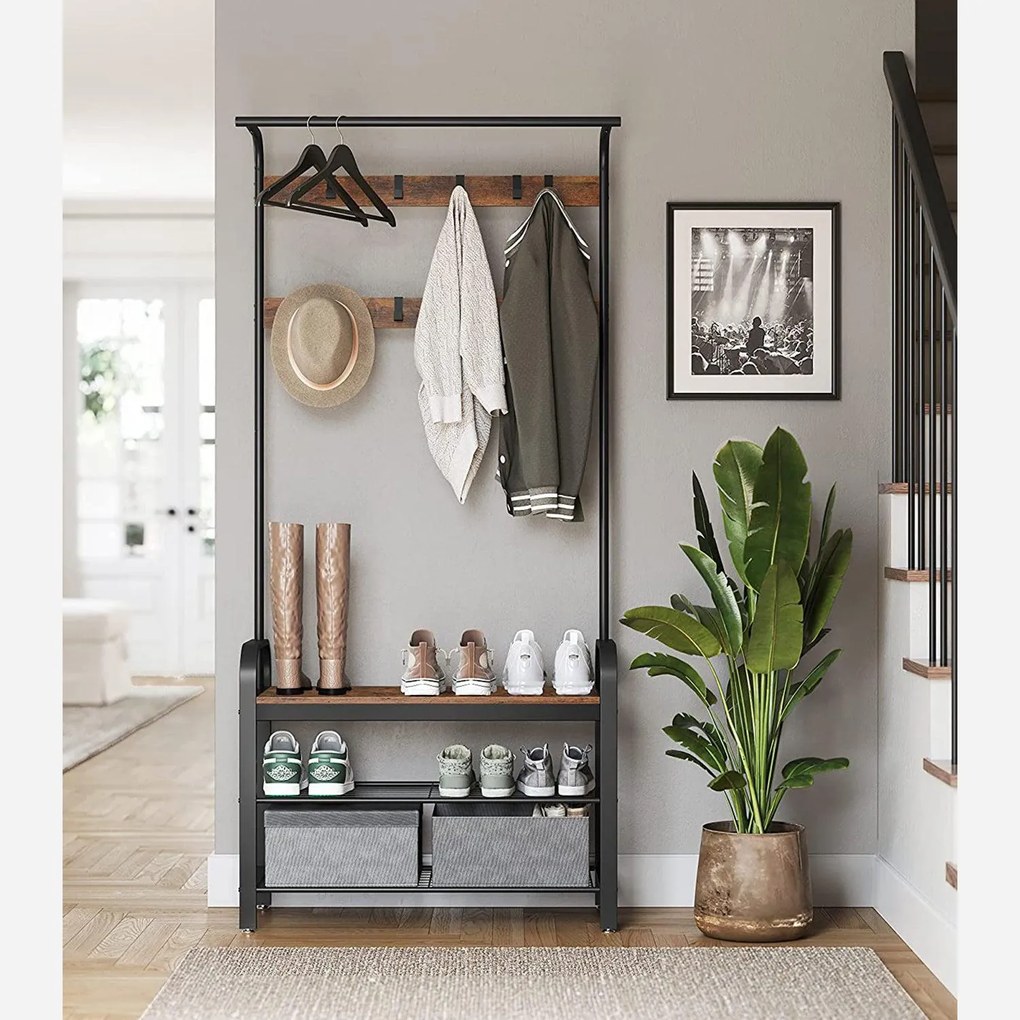 Kabáttartó, előszobafal cipőtartóval, 84 x 183 x 33,7 cm, rusztikus barna