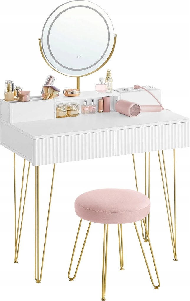 Fésülködőasztal Led Tükörrel Szék Tápkábellel Tágas Fiókok Fehér