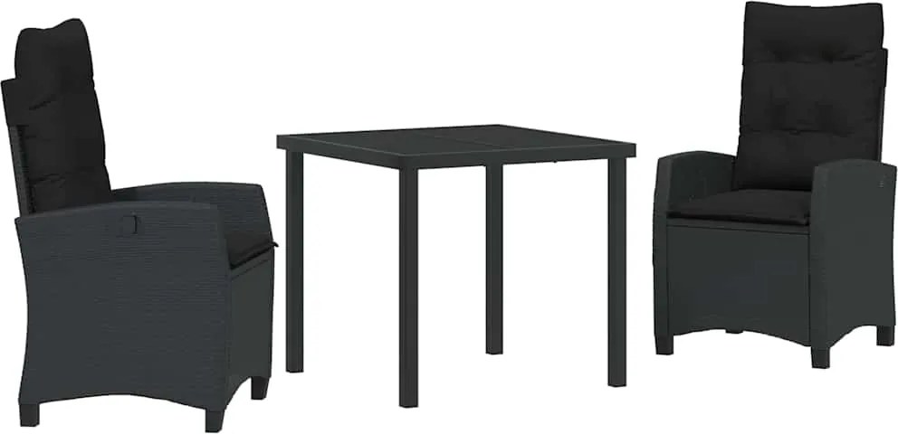 vidaXL Kert étkező szett párnával 3 pcs Fekete polirattan